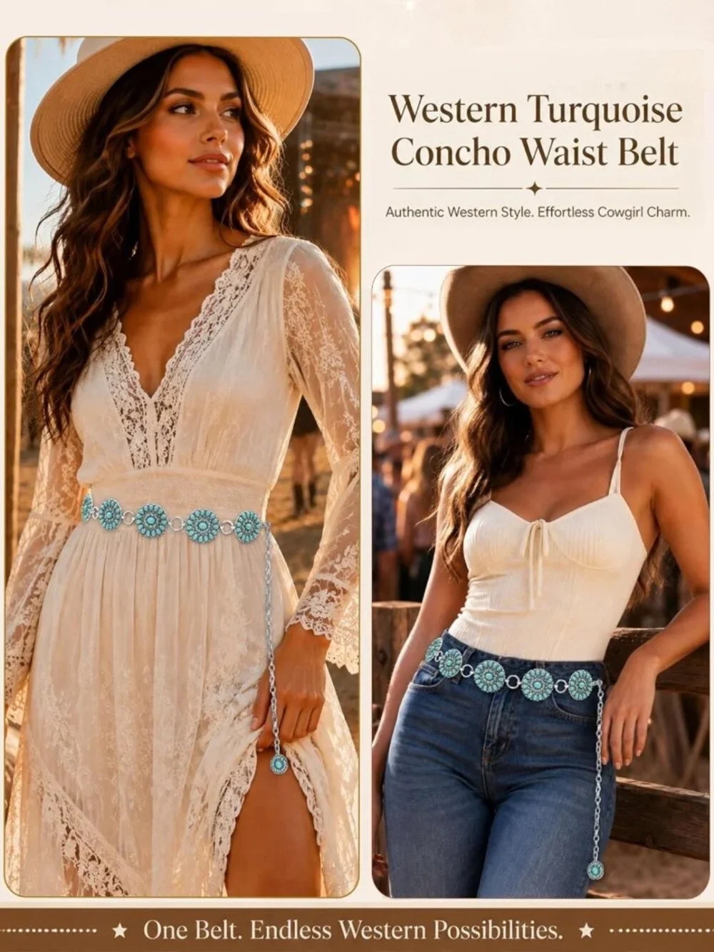 Turquoise Western Chain Belt for Women, Stylish Cowgirl Concho Accessory